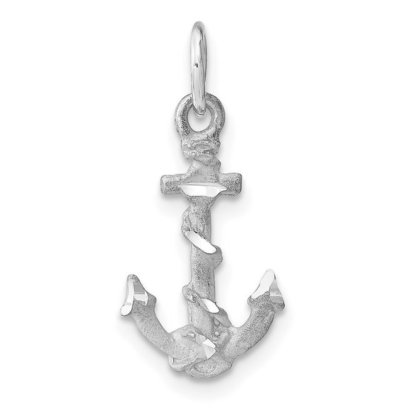 14K White Gold Solid Diamond-Cut 3-D Anchor Mini Small Necklace Pendant Unisex
